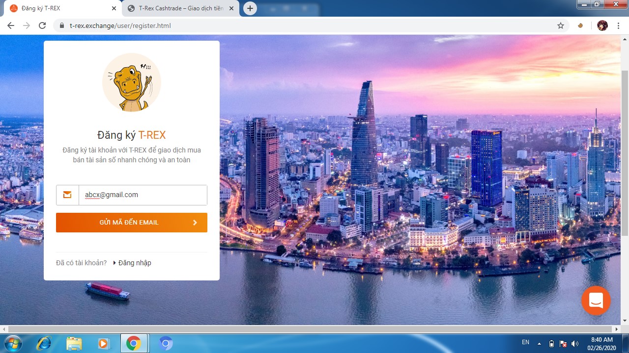 Nhập Email để đăng ký tài khoản sàn T-Rex