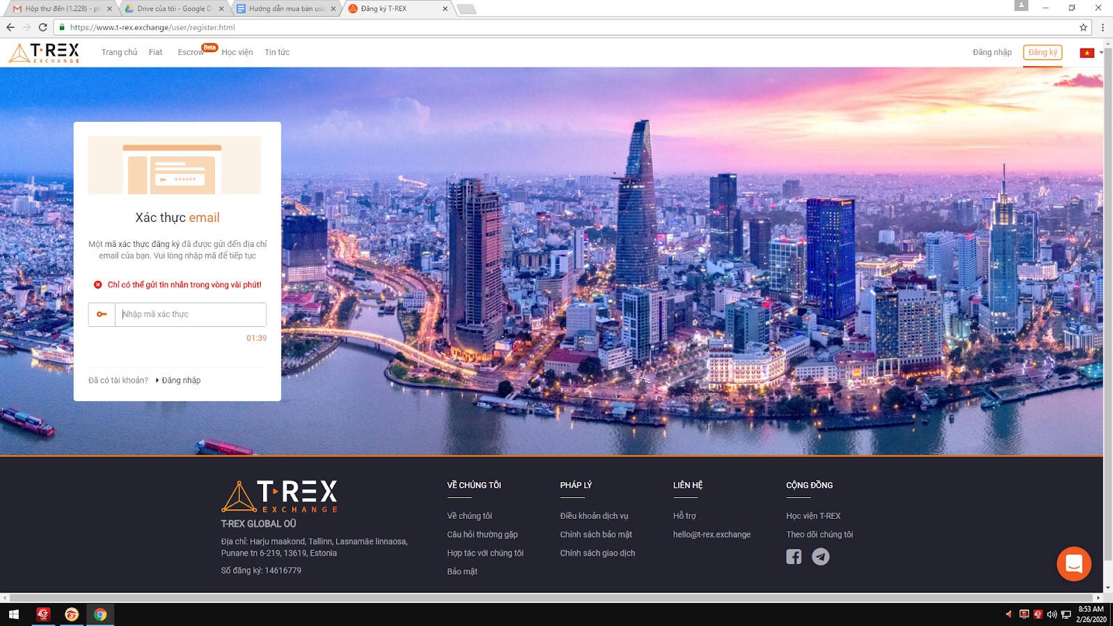 Nhập mã xác nhận đã nhận trong email