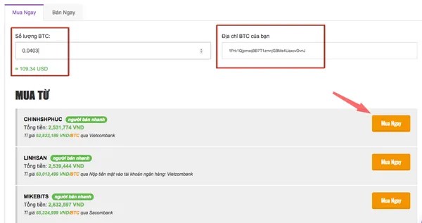 Nhập số lượng bitcoin cần mua