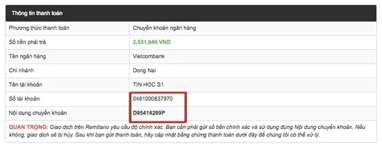 Thông tin sau khi giao dịch 