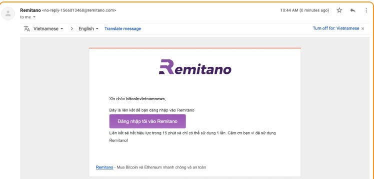 Email xác nhận đăng kí Remitano