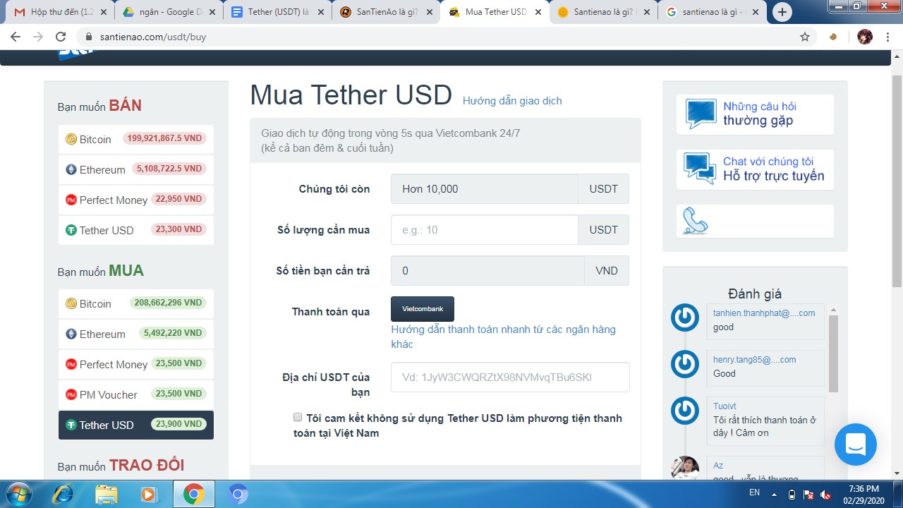 Mua Usdt trên santienao