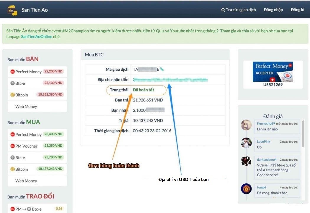 Thông tin đơn hàng mua Usdt trên santienao